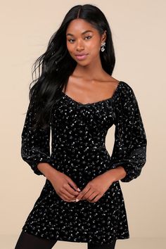 Everyone will admire your charming vibes all day long with the Lulus Adored Perfection Black Floral Velvet Balloon Sleeve Mini Dress! Plush velvet boasts a dainty floral print throughout as it shapes a sweetheart neckline with a bow at the center, a gathered bodice, and three-quarter balloon sleeves (with elastic at the shoulders and cuffs). The flattering, set-in waist tops a flowy A-line skirt that finishes at a flirty mini hem. Hidden back zipper/clasp. Fit: This garment fits true to size. Length: Mid-thigh. Size medium measures 25.75" from shoulder to hem. Bust: Great for any cup size. Waist: Fitted - very fitted at natural waist. Hip: Not Fitted - fuller skirt allows room for hips. Undergarments: May be worn with any standard bra. Fabric: Fabric is very stretchy. Lined. Shell: 95% Pol Gathered Bodice, Velvet Mini Dress, Balloon Sleeve Dress, Mini Velvet Dress, Floral Dress Black, Balloon Sleeves, Mini Dress With Sleeves, Dress 100, Large Size Dresses