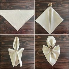 four pictures of how to fold napkins with bows and jeweled brooches