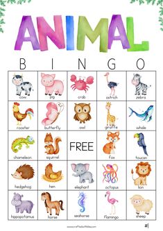 an animal bingo game with animals on it and the words's names in different colors