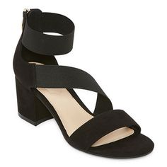 This pair of Liz Claiborne women's Emerson strappy sandals will be your new versatile go-to. With a suede-effect finish, these open-toe shoes have a criss-cross strappy design with a back zip closure and a 3-inch block heel. Closure Type: ZipperShoe Heel Height: 3 InchesUpper/Outer Base Material: 100% Textile, 100% SyntheticShoe Lining Material: SyntheticSole Material Content: 100% SyntheticToe Type: Open Toe, Round ToeShoe Strap Type: Criss Cross StrapsHeel Style: Block HeelCountry of Origin: I Low Heel Sandals, Easy Street, Open Toe Shoes, Black Sandals Heels, Ankle Strap Heels, Sandals Black, Toe Shoes, Ankle Straps, Shoe Style