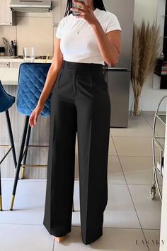 Lasaky - Elegant Patchwork High Waist Wide Leg Trousers with Zipper Closure Highwaisted Outfits Classy, Office Pants For Women, Official Wear For Ladies, Pant Trousers Women Outfit, Wide Leg Trousers Outfit Work, Thrift Business, High Waist Work Pants, Office Pants Women, Trousers Women Outfit