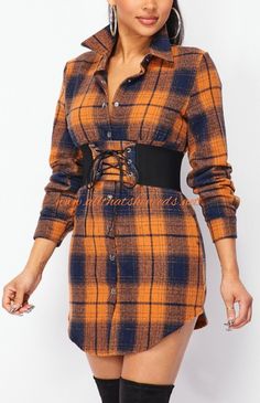 Plaid, button down, collared, shirt dress, with stretch waist belt. 95% Polyester, 5% Spandex Trendy Mini Shirt Dress For Fall, Fitted Belted Mini Dress With Tie Waist, Fall Trendy Mini-length Shirt Dress, Trendy Fall Mini Shirt Dress, Casual Collared Shirt Dress For Night Out, Fall Mini Length Belted Dress, Fitted Mini Shirt Dress For Fall, Fitted Long Sleeve Belted Shirt Dress, Collared Belted Mini Dress