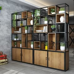 an open bookcase with plants on it in front of a gray wall and tile floor