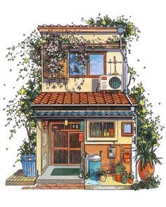 a drawing of a house with plants growing on the roof