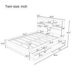 the measurements for a twin size bed frame with drawers and headboard is shown in white