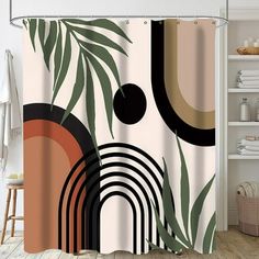 a bathroom with a shower curtain that has an abstract design on the front and back