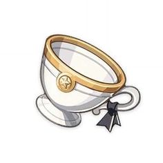 a coffee cup with a gold ring on it and a black bow around the edge