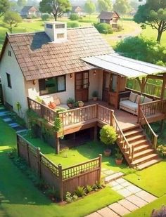 an aerial view of a house with stairs leading up to the second floor and covered porch