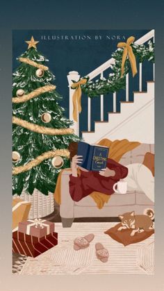 a person laying on a couch next to a christmas tree with a book in their lap