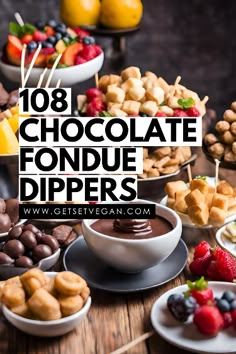 chocolate fondue dippers on a table with fruit and desserts in the background