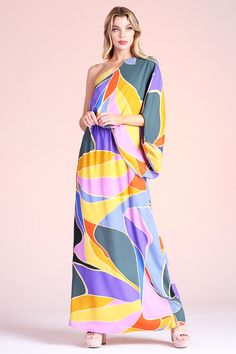 Stun the crowd with this bold and beautiful maxi dress, covered in a large color-block / retro-inspired summer print. This slouchy one shoulder neckline is roomy and comfortable; attached to the waist, lined with elastic. One shoulder neckline Slouchy style Elastic-lined waist Side slit on skirt Lined Flat fabric finish 100% Polyester Made in USA SKU #: D-7104 One Shoulder Neckline, One Shoulder Maxi Dress, Paper Bag Shorts, Slouchy Style, Beautiful Maxi Dresses, Summer Prints, Bold And Beautiful, Pink Maxi Dress, Maxi Dress Blue