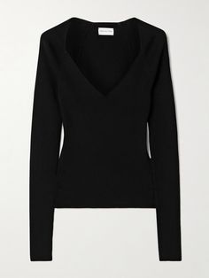 Dries Van Noten's foundational designs exude luxury - this sweater is made from merino wool, ensuring it'll remain flawless through the seasons. It has an angular décolletage-framing neckline and ribbed finish that accentuates the slim fit. Elegant Black V-neck Sweater For Work, Elegant Black Fine Knit V-neck Sweater, Elegant Formal V-neck Sweater For Fall, Black Cashmere Sweater For Formal Occasions, Luxury Wool V-neck Sweater, Elegant Fitted V-neck Sweater, Fitted Luxury Merino Wool Sweater, Fitted Cashmere V-neck Sweater In Fine Knit, Luxury Fitted Merino Wool Sweater