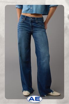 Soft, drapey denim with a hint of stretch/Dark wash Low Waisted Wide Leg Jeans, Jeans Women Outfit, Baggy Jeans Women, 2024 Lookbook, Medium Jeans, Aerie Bras, Jumpsuit Skirt, Fall Fits, Graphic Tops