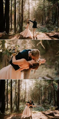 the bride and groom are dancing in the woods