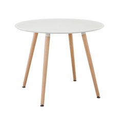 a white table with two wooden legs and a round top on an isolated white background