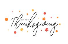 the words happy thanksgiving written in black ink with autumn leaves and dots on white background