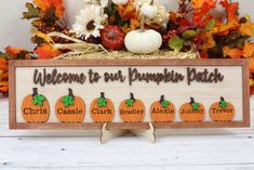 Personalized Welcome to Our Pumpkin Patch Wooden Family Name Sign - Sew Lucky Embroidery Welcome To Our Pumpkin Patch, Farmhouse Family Sign, Wooden Family Name Sign, Welcome To Our Patch, Farm Wall Decor, Pumpkin Leaf, Pumpkin Patch Sign, Christmas Wooden Signs, Wooden Family