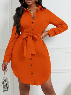 Orange Elegant  Long Sleeve Polyester Plain Shirt Embellished Non-Stretch Spring/Summer Women Dresses Smart Casual Women Dress, Outfit Ideas For Plus Size, Dresses For Women Classy, African Shirt Dress, Comfy Outfit Ideas, Outfit Ideas Plus Size, Elegant Shirt Dress, Smart Casual Women Outfits, Classy Short Dresses