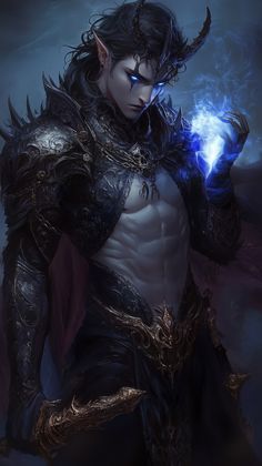 a male elf with horns holding a glowing ball in his hand