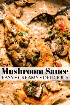 mushroom sauce in a skillet with chicken and mushrooms