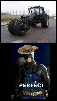 two pictures one with a tractor and the other has a cowboy hat