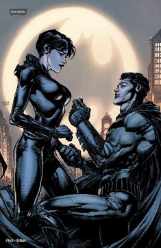 batman and catwoman in front of the moon