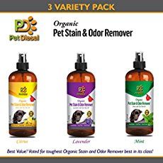 three bottles of pet stain and odor remover with the label below it that says 3 variety pack