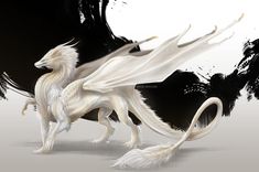 a white dragon standing on its hind legs in front of a black and white background