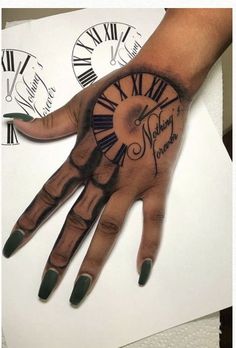 a person's hand with a clock tattoo on it