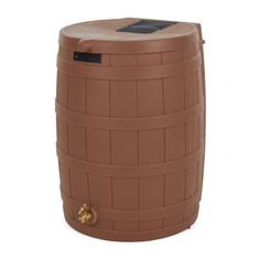 a large brown barrel sitting on top of a white floor