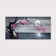 a painting of a tree with pink flowers in the foreground and a full moon in the background