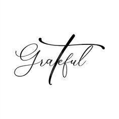 the word grateful written in cursive writing on a white background with black ink