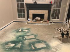 a living room with ice on the floor and a fire place in the fireplace area