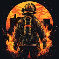 a fireman in front of a burning city