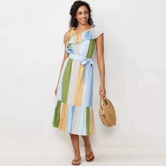 Nwt Comes From A Smoke Free/Pet Free Home One Shoulder Is Adjustable And Can Be Tied At Desired Length Adjustable Tie Waist Bare Shoulder Dress, Dress Georgette, Dresses For Summer, Kohls Dresses, Ruffle Wrap Dress, Lauren Conrad Dress, One Shoulder Midi Dress, Flutter Dress, Dress Guide