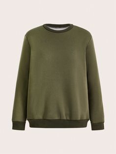 Solid Round Neck Sweatshirt Army Green Casual  Long Sleeve Knitted Fabric Plain Pullovers Medium Stretch  Women Clothing, size features are:Bust: ,Length: ,Sleeve Length: Basic Long Sleeve Plain Sweater, Winter Crew Neck Khaki Top, Khaki Crew Neck Top For Winter, Winter Crew Neck Plain Sweater, Solid Color Long Sleeve Plain Sweatshirt, Winter Khaki Crew Neck Top, Green Long Sleeve Sweatshirt For Layering, Winter Khaki Sweatshirt For Loungewear, Basic Solid Color Winter Sweater