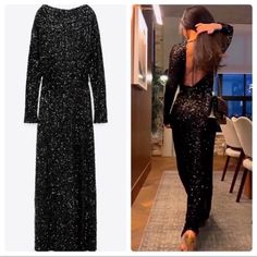 New With Tag Seller: @Chloethy Brand Zara Retail $169 Chic Backless Sequin Maxi Dress, Chic Sequin Dress For Formal Fall Events, Black Holiday Maxi Dress For Night Out, Black Maxi Dress For Holiday Night Out, Holiday Black Maxi Dress For Night Out, Chic Holiday Sequin Backless Dress, Chic Backless Sequin Dress For Holiday, Holiday Sequin Maxi Dress For Date Night, Black Fitted Sequin Dress For Gala