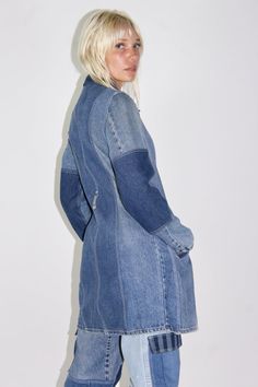 Fitted Recycled Denim Outerwear With Pockets, Fitted Dark Wash Recycled Denim Outerwear, Blue Fitted Recycled Denim Outerwear, Fitted Patchwork Outerwear In Recycled Denim, Fitted Recycled Denim Outerwear With Patchwork, Beautiful Imperfections, Demin Jacket, Upcycled Denim, Recycled Materials