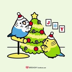 a cartoon christmas tree with santa clause on it and a bird sitting next to it