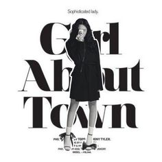 a woman standing in front of a white background with the words girl about town on it