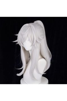 osseoca Silver White High Ponytail Mid Length Hair Layered Bangs Wig cos Anime Expo Holiday Party (Jing Yuan) Long White Hair Ponytail, White Wig Hairstyles, Ponytail Mid Length Hair, White Hair Ponytail, White Hair Hairstyles, Wig Ponytail Hairstyles, White Hair Ideas, Wig High Ponytail, White Hair Styles