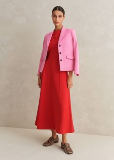 Travel Tailoring Boat Neck Midi Dress Tulip Red Tailored A-line Midi Dress For Work, Structured A-line Midi Dress For Work, Pink A-line Midi Dress For Work, Modern H-line Midi Dress For Work, Chic Red Midi Dress For Work, Red Midi Dress For Work In Fall, Classic Red Dress For Work, Career A-line Dresses, Red Midi Dress For Workwear