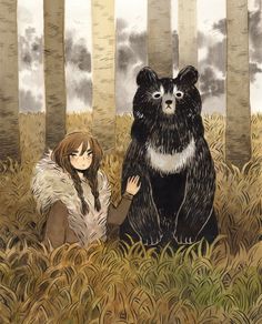 a woman standing next to a black bear in a forest with tall grass and trees