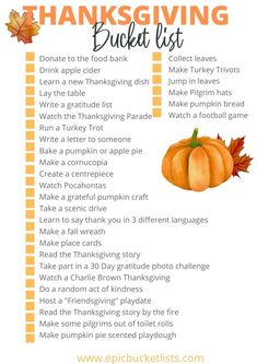 a thanksgiving bucket list with pumpkins and leaves