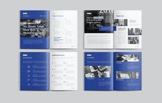 an open brochure with blue pages and black text on the front, in three different positions