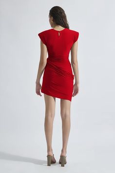 Red malai lycra short dress with draped detailing. - Aza Fashions Evening Draped Mini Dress With Ruched Back, Draped Elastane Bodycon Dress For Night Out, Fitted Draped Mini Dress In Elastane, Draped Bodycon Dress With Ruched Back, Elegant Draped Mini Dress With Ruched Sides, Elegant Asymmetrical Mini Dress With Ruched Sides, Fitted Red Dresses With Draped Sleeves, Fitted Red Dress With Draped Sleeves, Cocktail Mini Dress With Draped Ruched Back