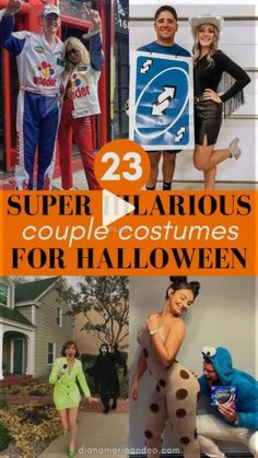 some people are dressed up in costumes and posing for the halloween costume contest, with text overlay that reads 23 super hilarious couple costumes for halloween