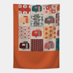 an orange wall hanging with different types of rvs