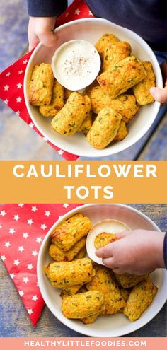 two bowls filled with cauliflower tots on top of a table