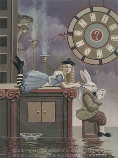 an image of a woman laying on top of a table next to a clock tower